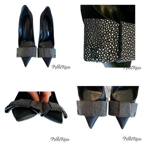 LOUIS VUITTON LIPSTICK PUMPS BLACK SATIN & PEBBLED SILVER LEATHER BOW PUMP 36.5 - Picture 17 of 17